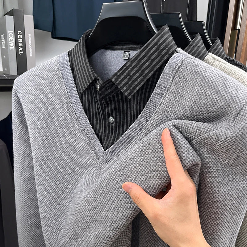 RUBYRU Men's Thickened Velvet Fake Two-Piece T-Shirt | Winter Knit Top