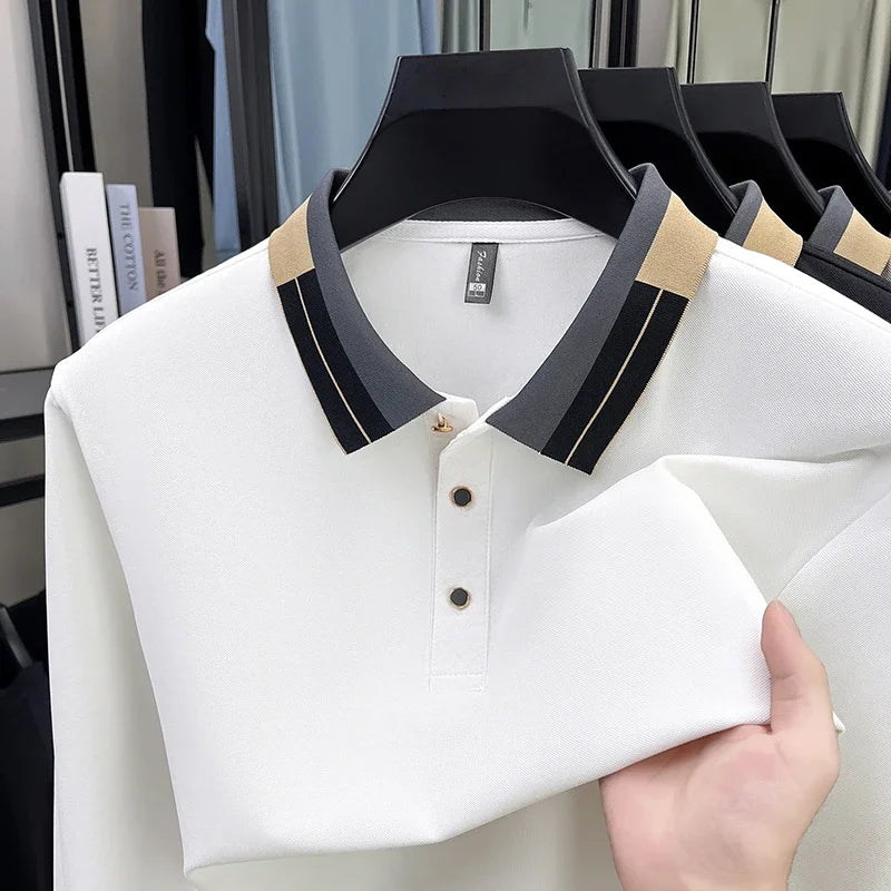 RUBYRU Men's Solid Long Sleeve Polo T-Shirt - Breathable Business Casual