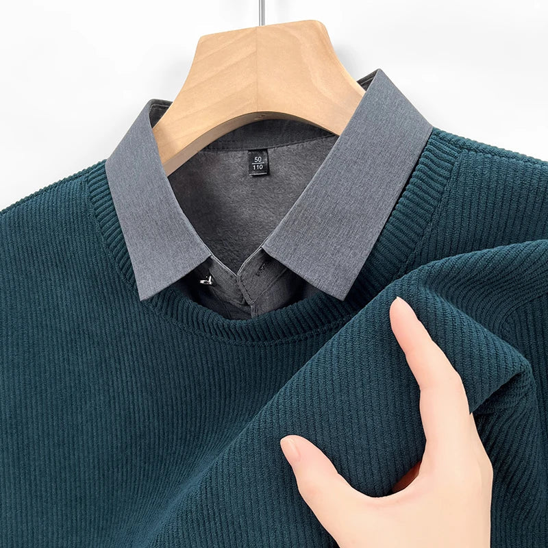 RUBYRU Men's Fake Two Layered Hoodie - Long Sleeve Casual Base T-Shirt