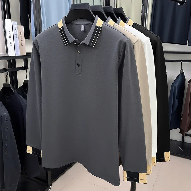 RUBYRU Men's Solid Long Sleeve Polo T-Shirt - Breathable Business Casual