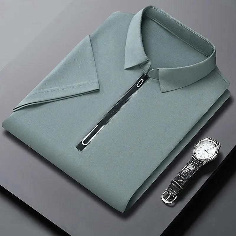 RUBYRU Men's Solid Zipper Short Sleeve Polo T-Shirt