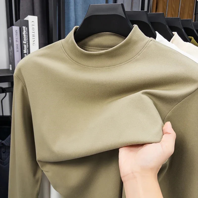 RUBYRU Men's Velvet High Collar Long Sleeve T-Shirt | Spring/Autumn Casual