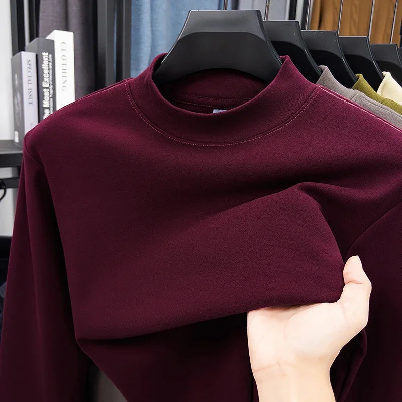 RUBYRU Men's Velvet High Collar Long Sleeve T-Shirt | Spring/Autumn Casual