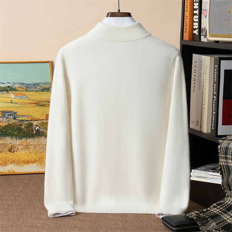 RUBYRU Men's 100% Cashmere Zipper T-shirt| Warm Stand-Up Collar