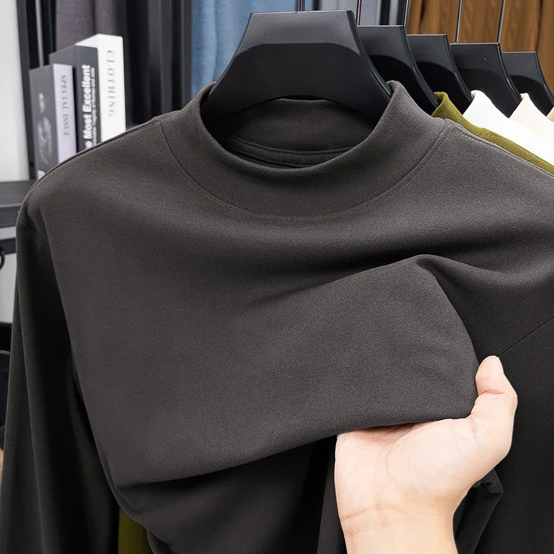 RUBYRU Men's Velvet High Collar Long Sleeve T-Shirt | Spring/Autumn Casual