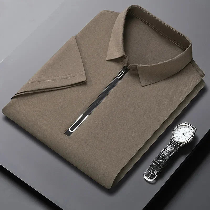 RUBYRU Men's Solid Zipper Short Sleeve Polo T-Shirt