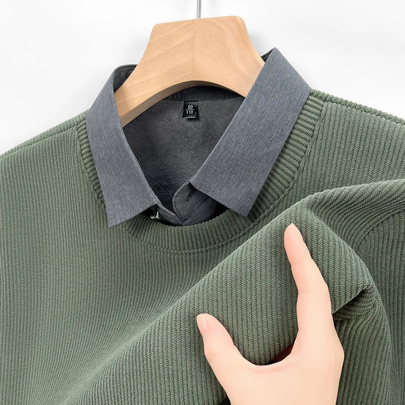 RUBYRU Men's Fake Two Layered Hoodie - Long Sleeve Casual Base T-Shirt