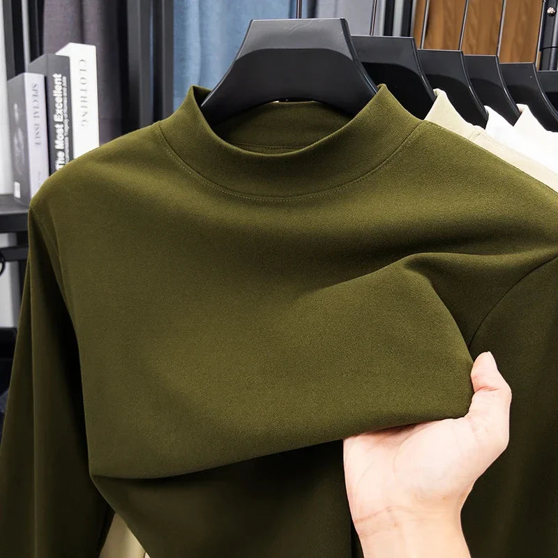 RUBYRU Men's Velvet High Collar Long Sleeve T-Shirt | Spring/Autumn Casual