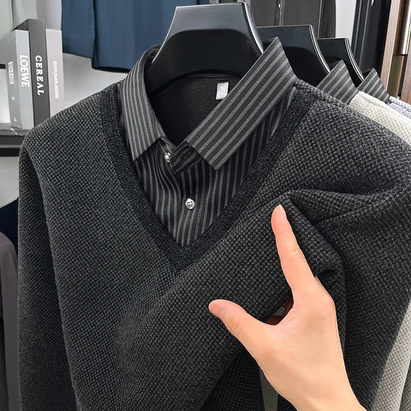 RUBYRU Men's Thickened Velvet Fake Two-Piece T-Shirt | Winter Knit Top