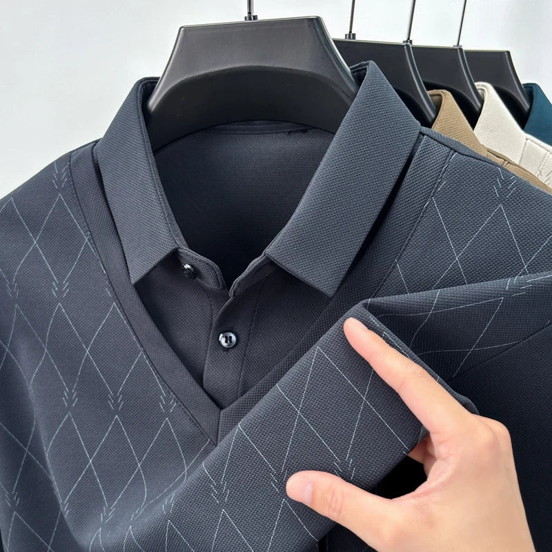 RUBYRU Men's Fake Two Piece Plaid Lapel T-Shirt | Autumn Casual