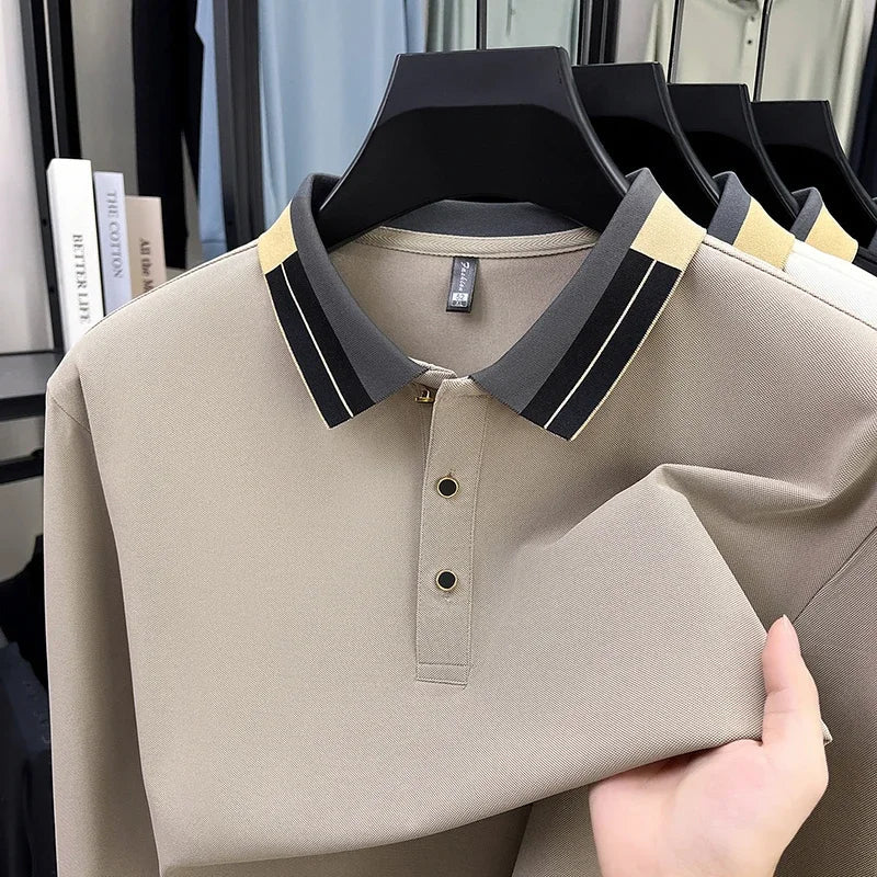 RUBYRU Men's Solid Long Sleeve Polo T-Shirt - Breathable Business Casual