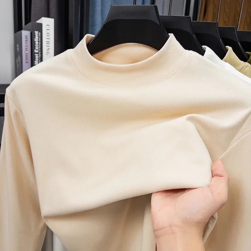 RUBYRU Men's Velvet High Collar Long Sleeve T-Shirt | Spring/Autumn Casual