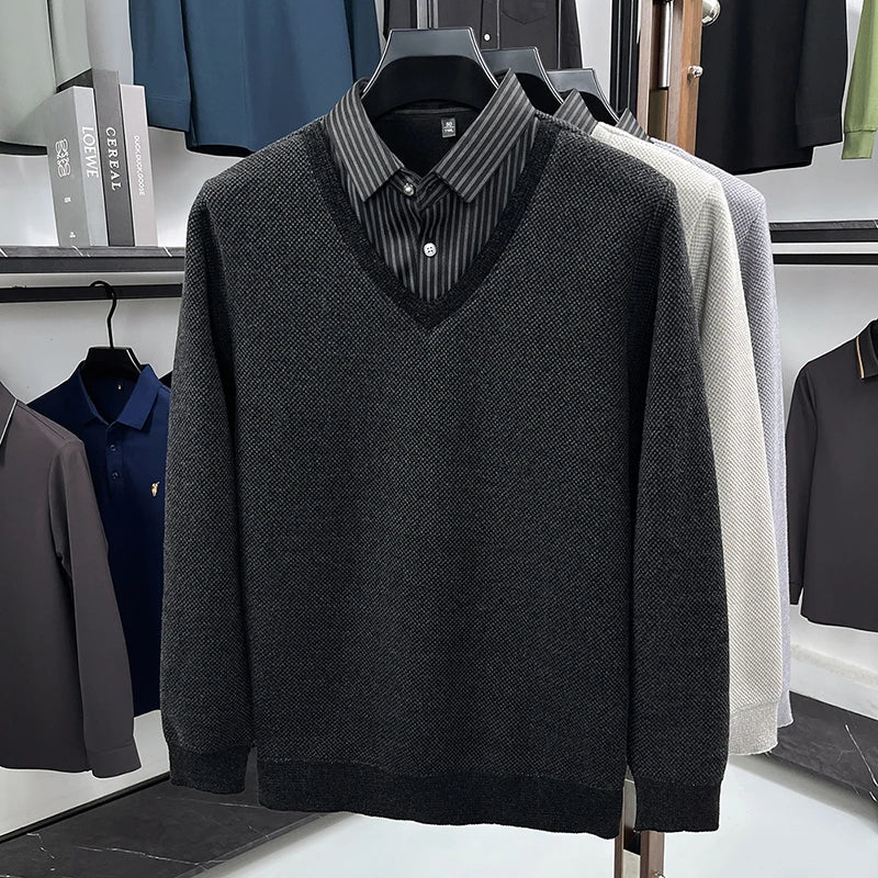 RUBYRU Men's Thickened Velvet Fake Two-Piece T-Shirt | Winter Knit Top