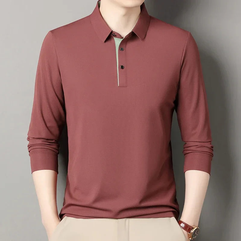 RUBYRU Men's Solid Long Sleeve Polo T-Shirt