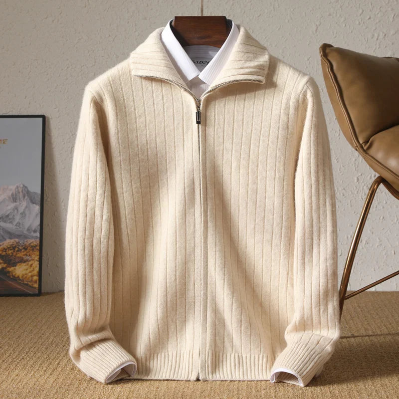 RUBYRU Men's 100% Merino Wool Zipper Cardigan | Warm Winter Knit Jacket
