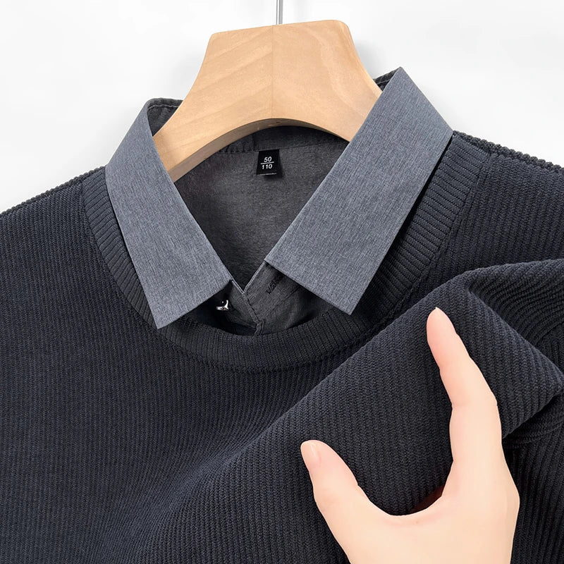 RUBYRU Men's Fake Two Layered Hoodie - Long Sleeve Casual Base T-Shirt