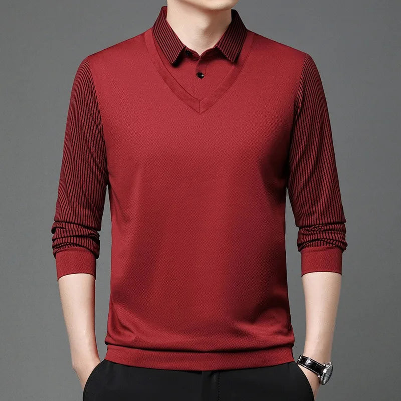 RUBYRU Men's Luxury Fake Two-Piece Long Sleeve Polo T-Shirt