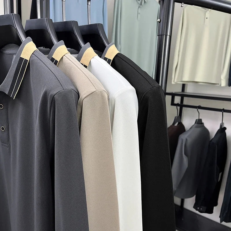 RUBYRU Men's Solid Long Sleeve Polo T-Shirt - Breathable Business Casual