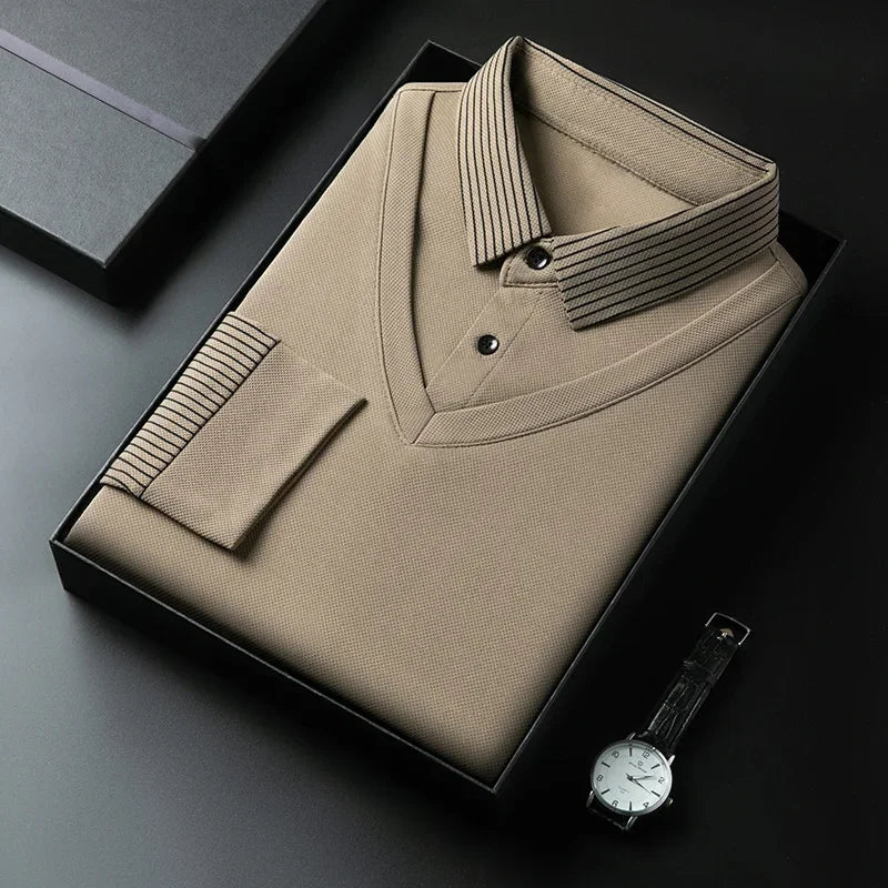 RUBYRU Men's Fake Two-Piece Long Sleeve Polo Shirt | All Season Casual