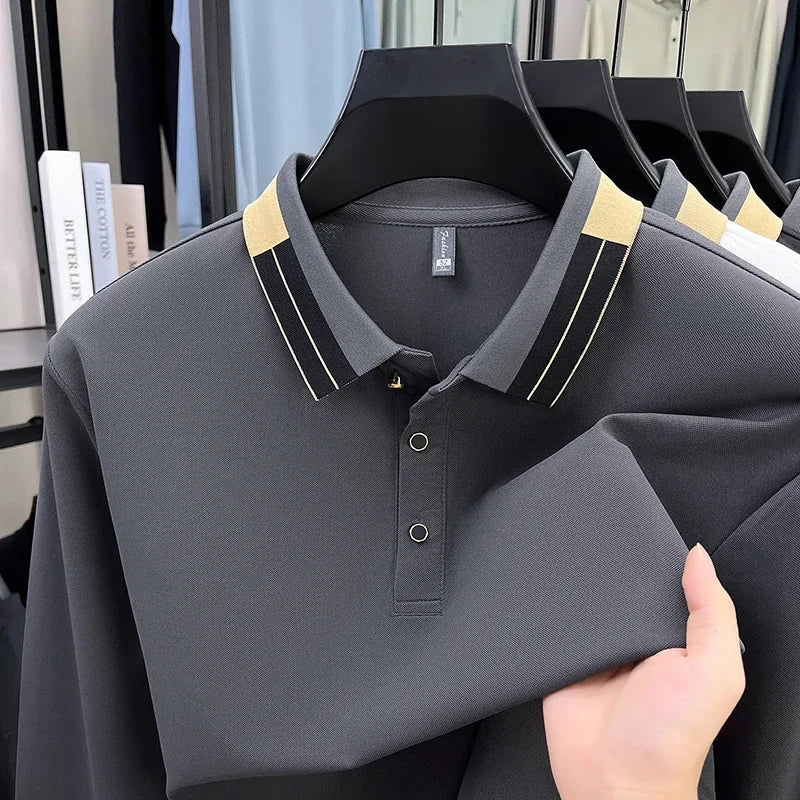 RUBYRU Men's Solid Long Sleeve Polo T-Shirt - Breathable Business Casual