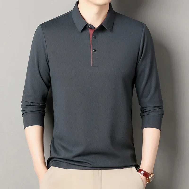 RUBYRU Men's Solid Long Sleeve Polo T-Shirt