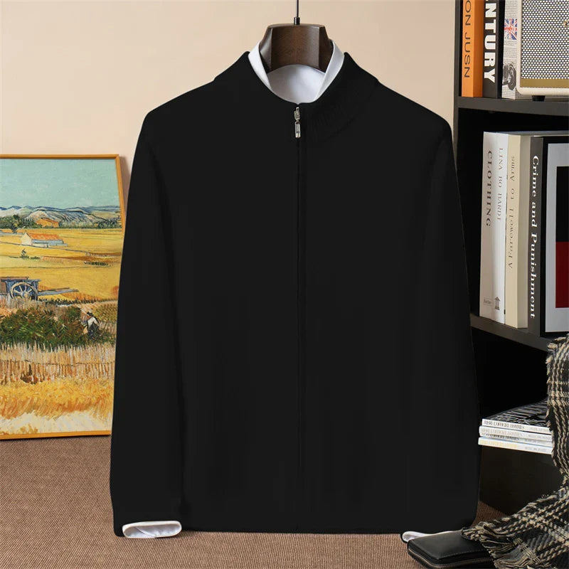 RUBYRU Men's 100% Cashmere Zipper T-shirt| Warm Stand-Up Collar