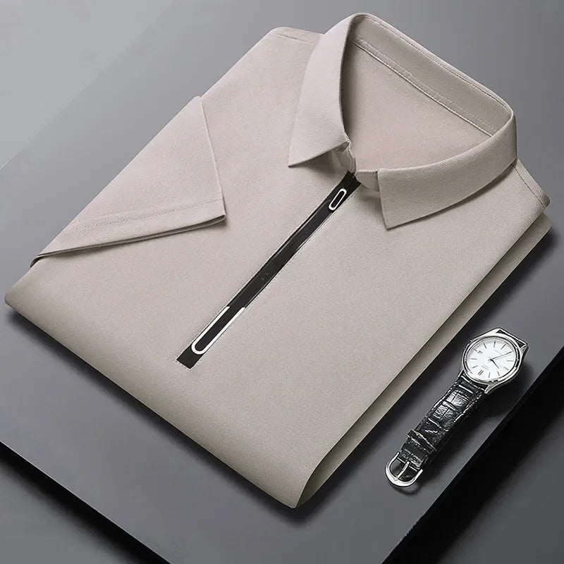 RUBYRU Men's Solid Zipper Short Sleeve Polo T-Shirt