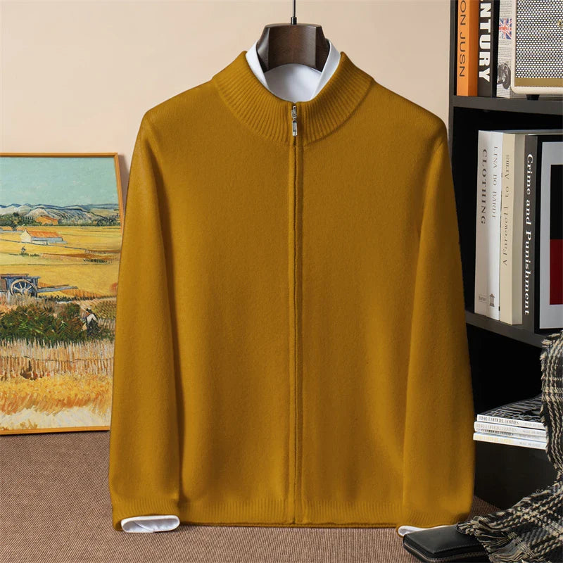 RUBYRU Men's 100% Cashmere Zipper T-shirt| Warm Stand-Up Collar