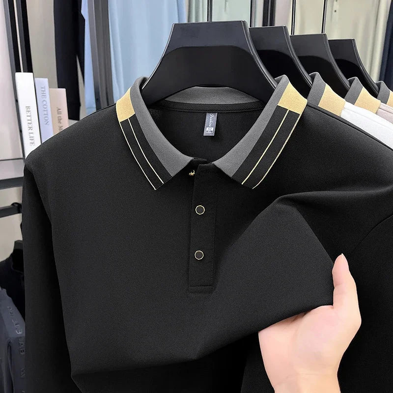 RUBYRU Men's Solid Long Sleeve Polo T-Shirt - Breathable Business Casual