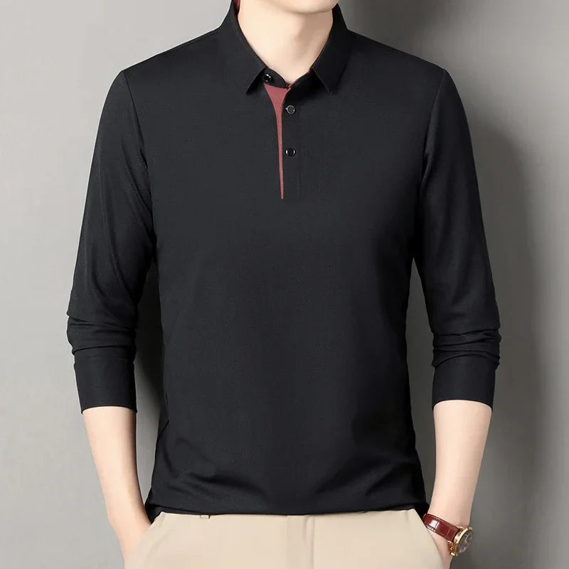 RUBYRU Men's Solid Long Sleeve Polo T-Shirt